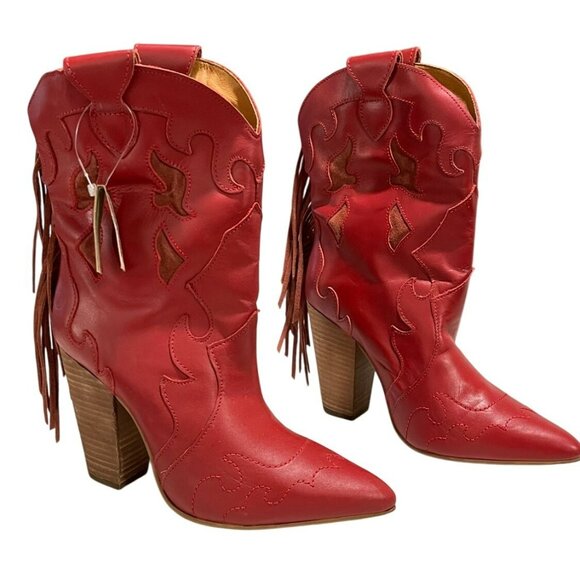 Dingo Womens Red Leather Western Booties With Fringe Size 8 NEW - Picture 1 of 7